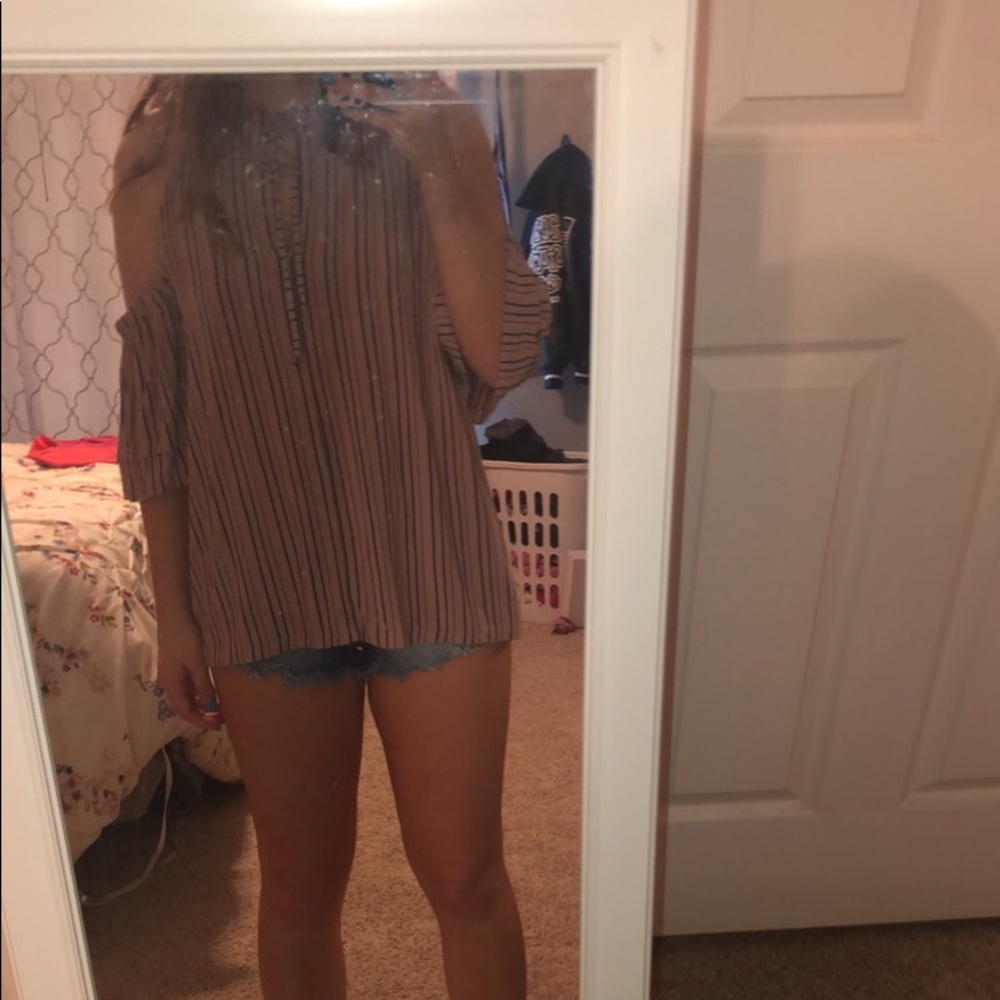 Striped pink and blue off shoulder blouse